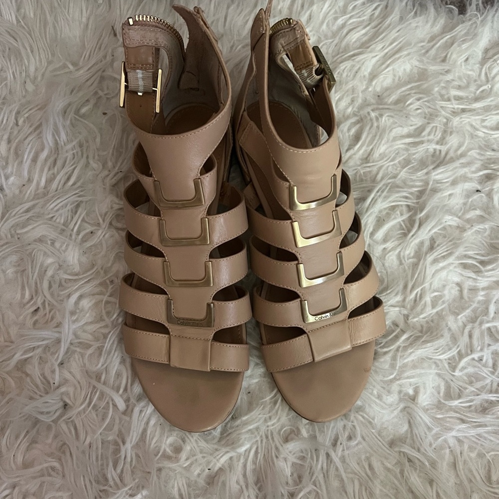 Calvin Klein Beige Strappy Sandals with Gold Accents